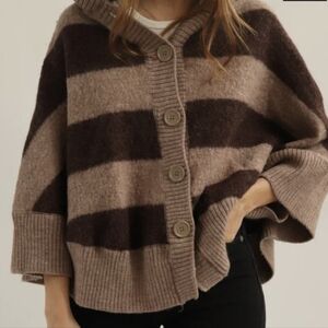 Marina Luna Brown and Tan Striped Cardigan 100% Wool XL